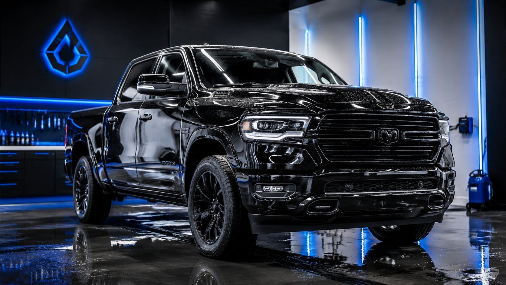 A glossy full-size pickup truck after ceramic coating in a professional detailing bay, deep reflections on dark paint, w