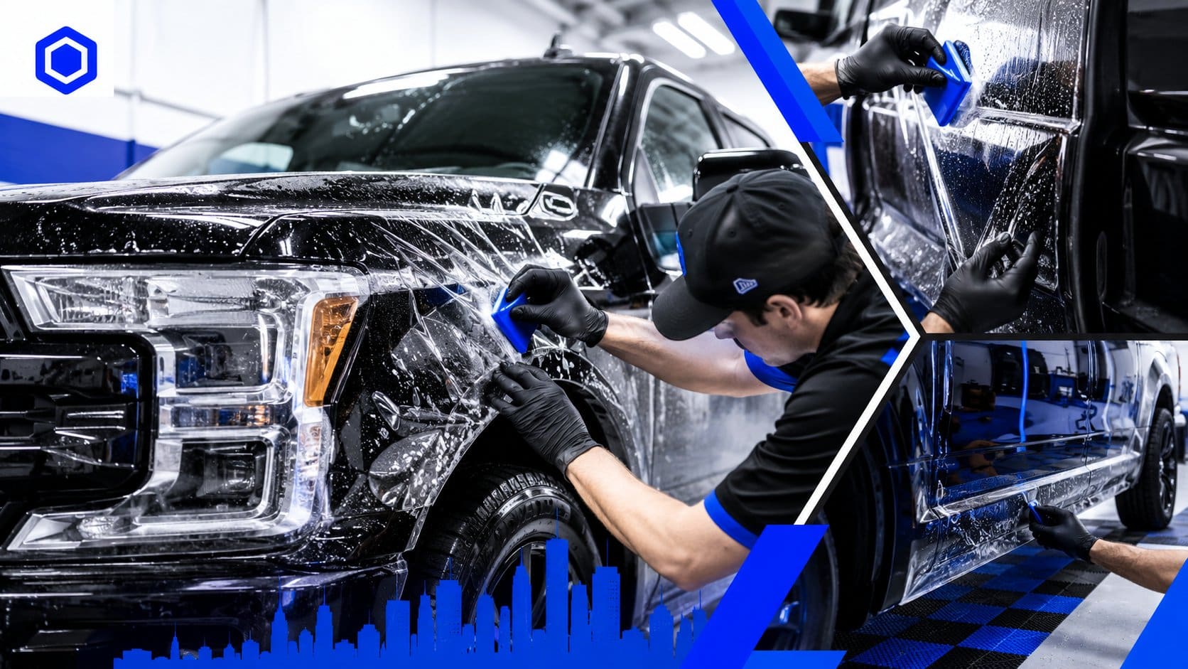 A professional auto detailing shop scene showing a full-size modern pickup truck receiving paint protection film on the 