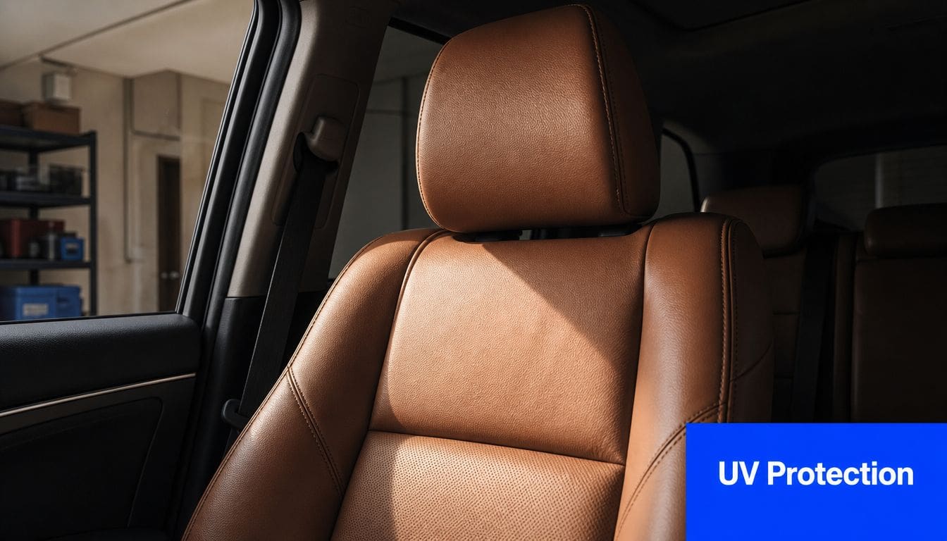 A close-up view of a brown leather car seat inside a vehicle, highlighting interior sunlight protection.