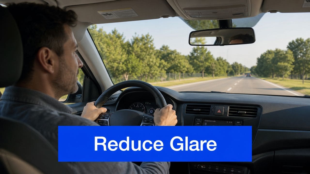 A man driving a car during the day, demonstrating how window tinting helps to reduce glare.