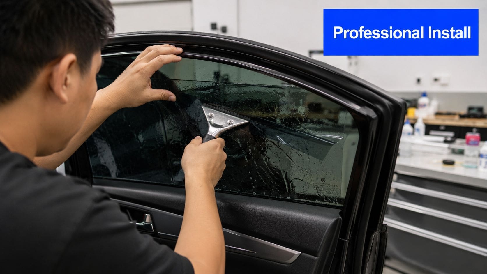 A professional technician carefully applying dark window tint film to a car door glass using a squeegee.