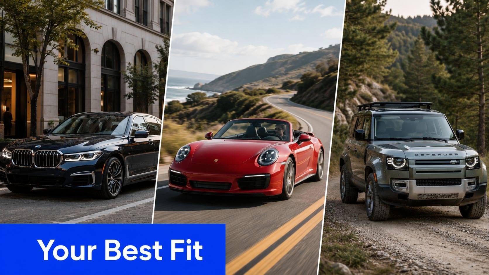 A split image featuring a black BMW, a red Porsche convertible, and a grey Land Rover Defender.