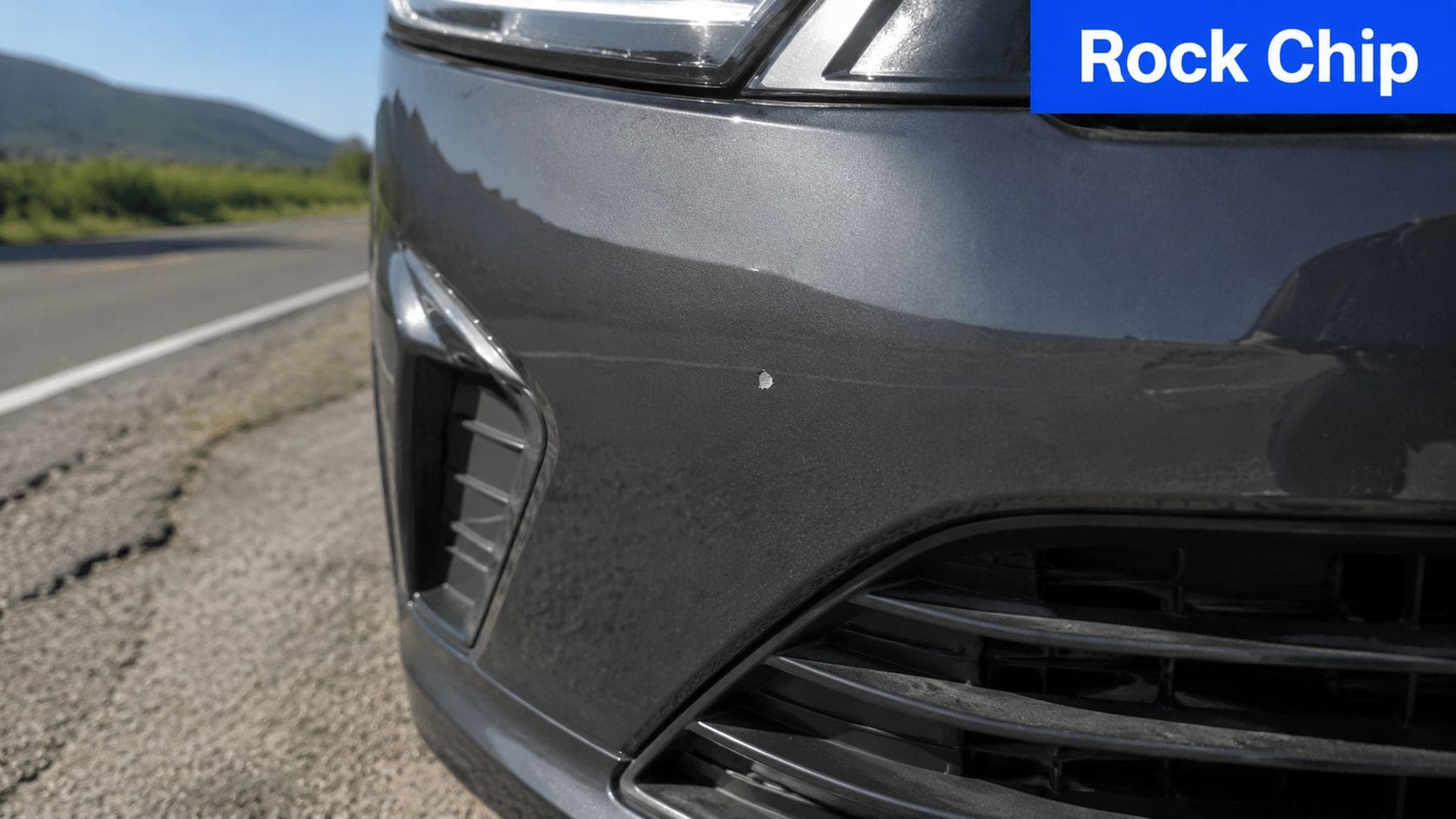 A close-up view of a small paint rock chip on the front bumper of a gray car.