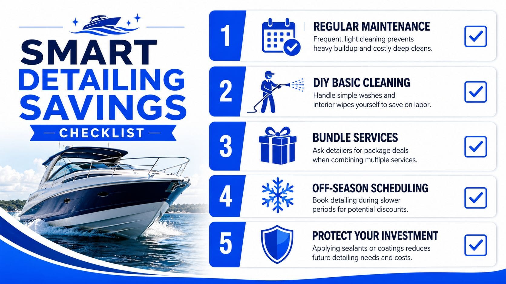 A checklist of five tips to save money on boat detailing, featuring an illustration of a yacht.