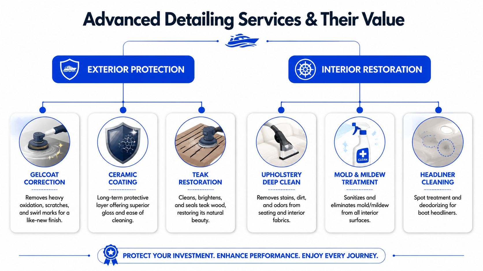 A professional chart outlining boat detailing services including exterior protection and interior restoration options for marine vessels.
