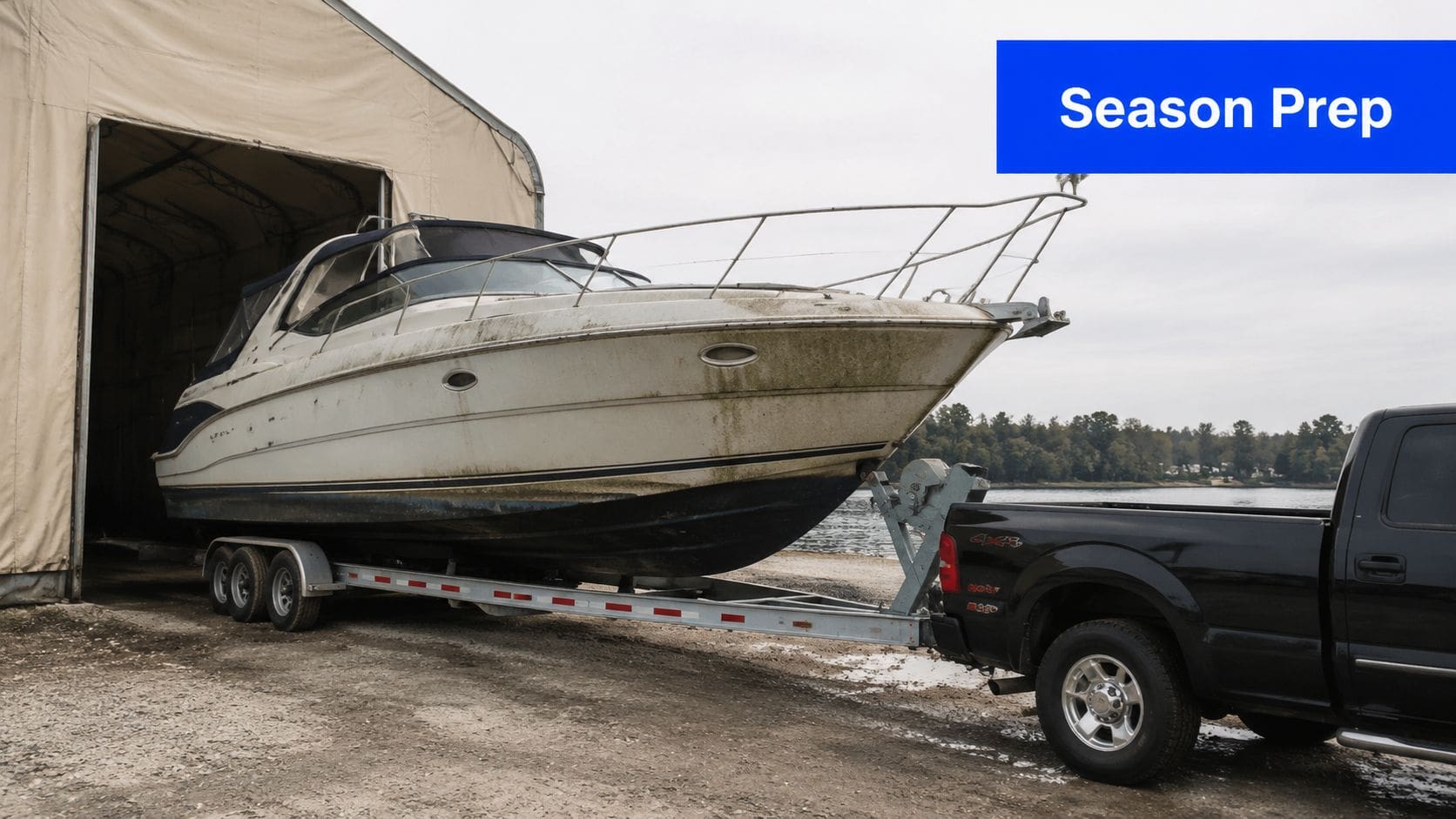 A large boat on a trailer hitched to a black pickup truck for season preparation.
