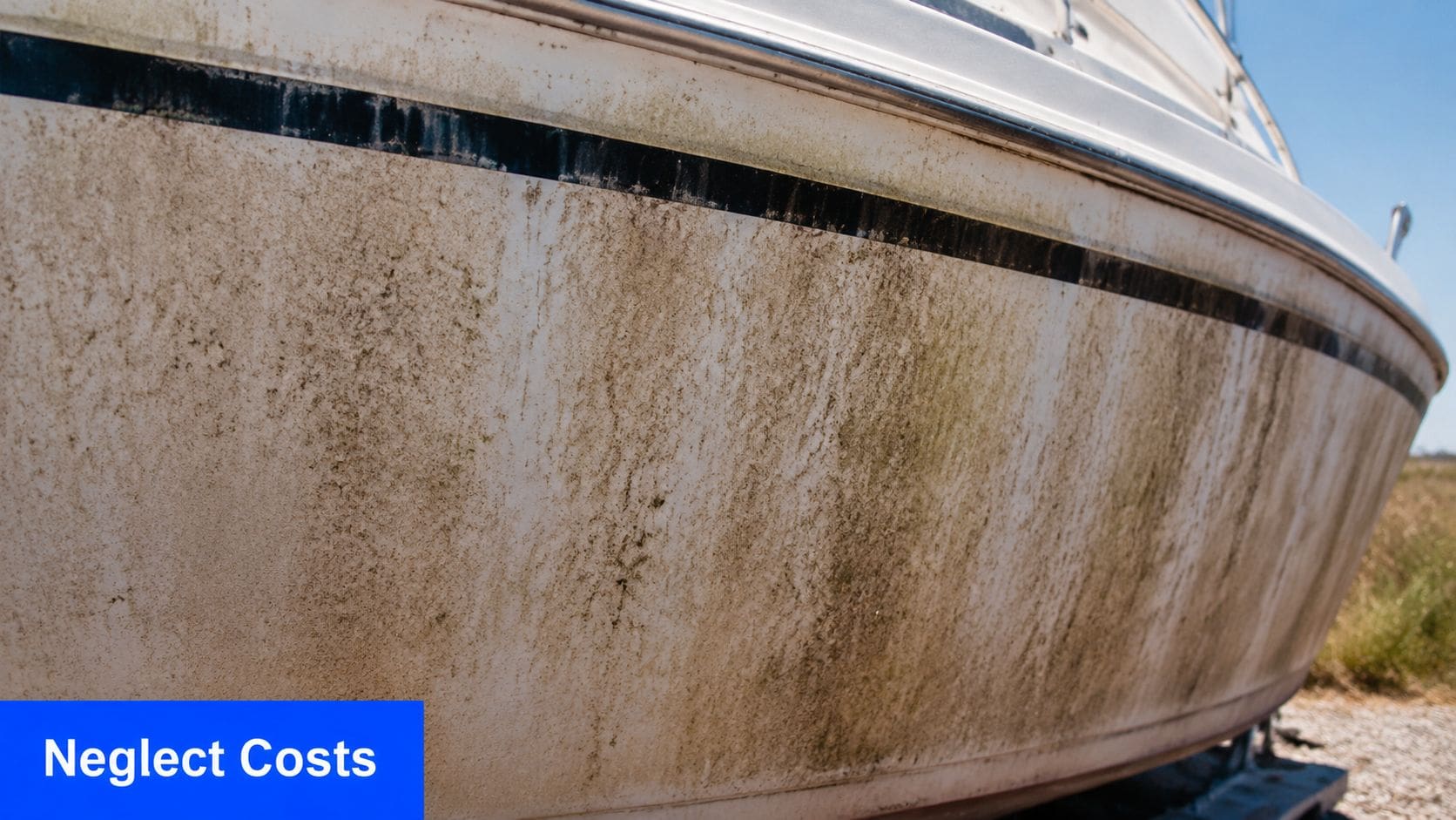A dirty and neglected white boat hull showing significant grime and algae stains on the surface.