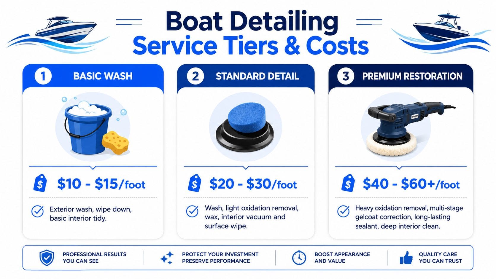 A price guide chart for three different boat detailing service tiers, ranging from basic wash to premium restoration.