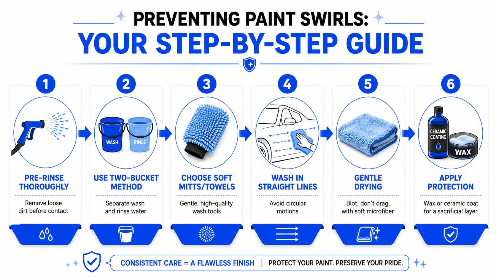 A six-step instructional guide on how to wash a car properly to prevent paint swirl marks.