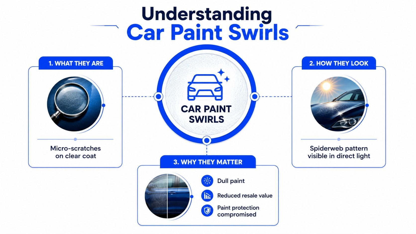 An infographic titled Understanding Car Paint Swirls explaining what they are, how they look, and their impact.