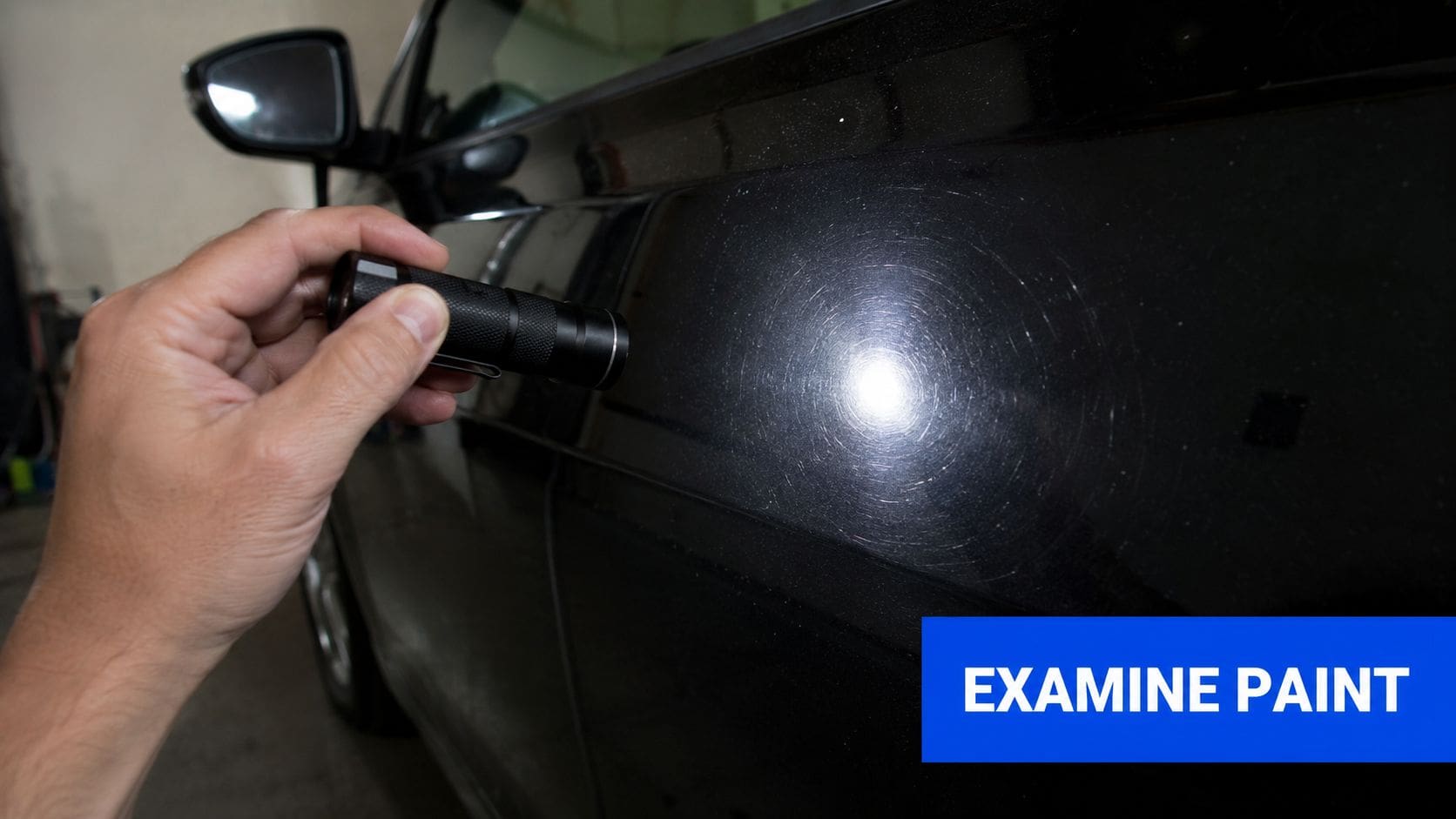 A hand holding a flashlight to inspect swirl marks and scratches on a black car paint surface.
