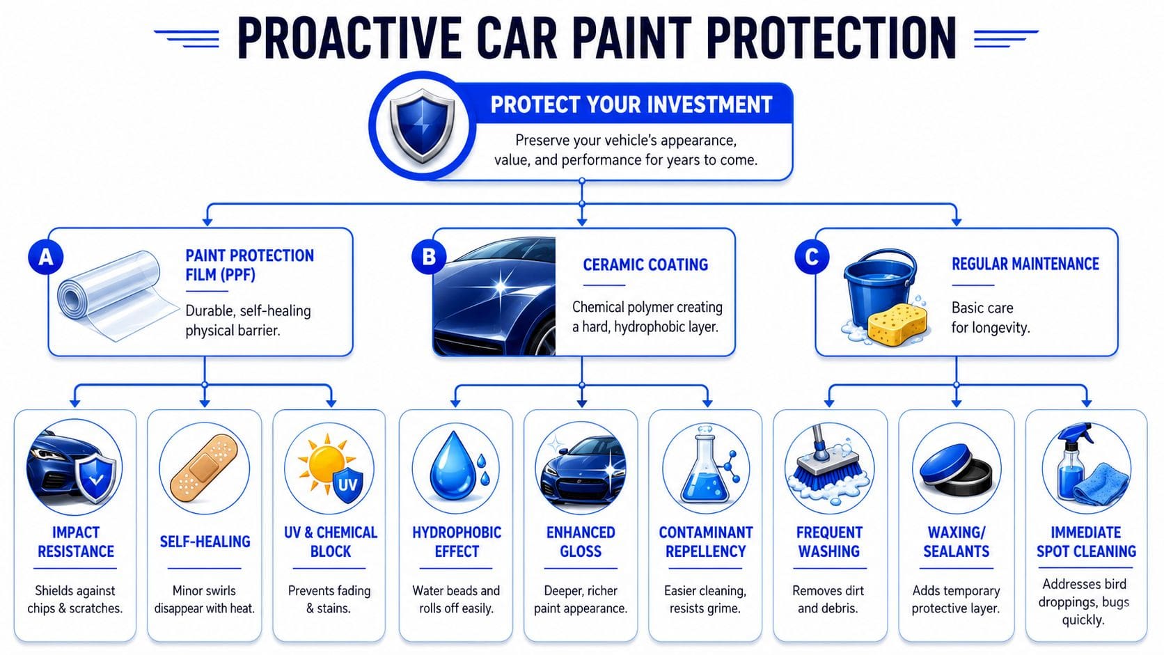 A flowchart showing three proactive car paint protection methods: paint protection film, ceramic coating, and regular maintenance.