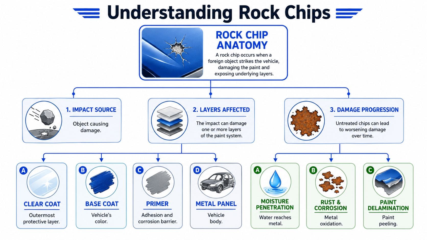 A diagram illustrating the anatomy of a vehicle rock chip, its layers, and potential damage progression.
