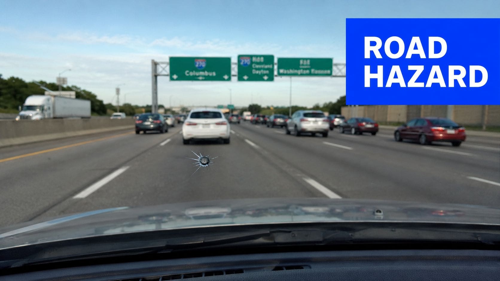 A view from inside a car showing a windshield crack while driving on a highway in Columbus, Ohio.