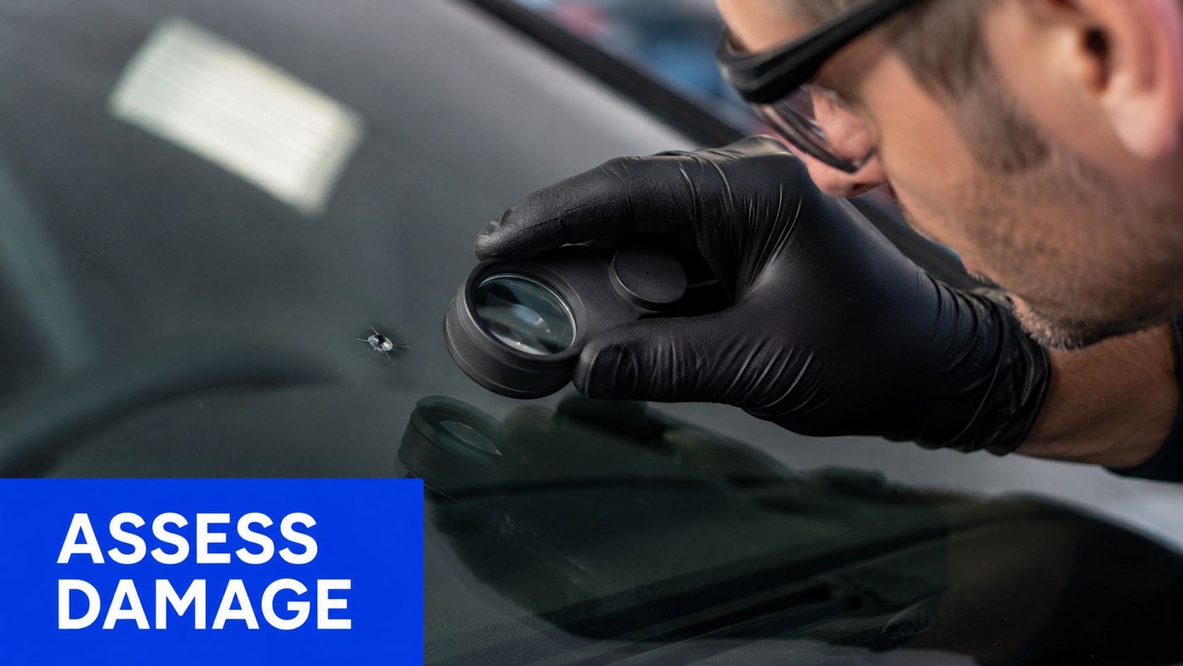A technician wearing black gloves uses a magnifying glass to carefully inspect a windshield chip.