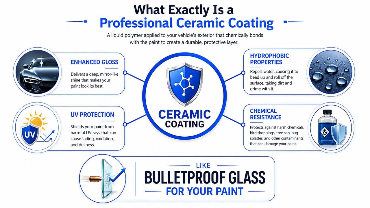 An infographic detailing the benefits of professional ceramic coating for vehicle paint protection and maintenance.