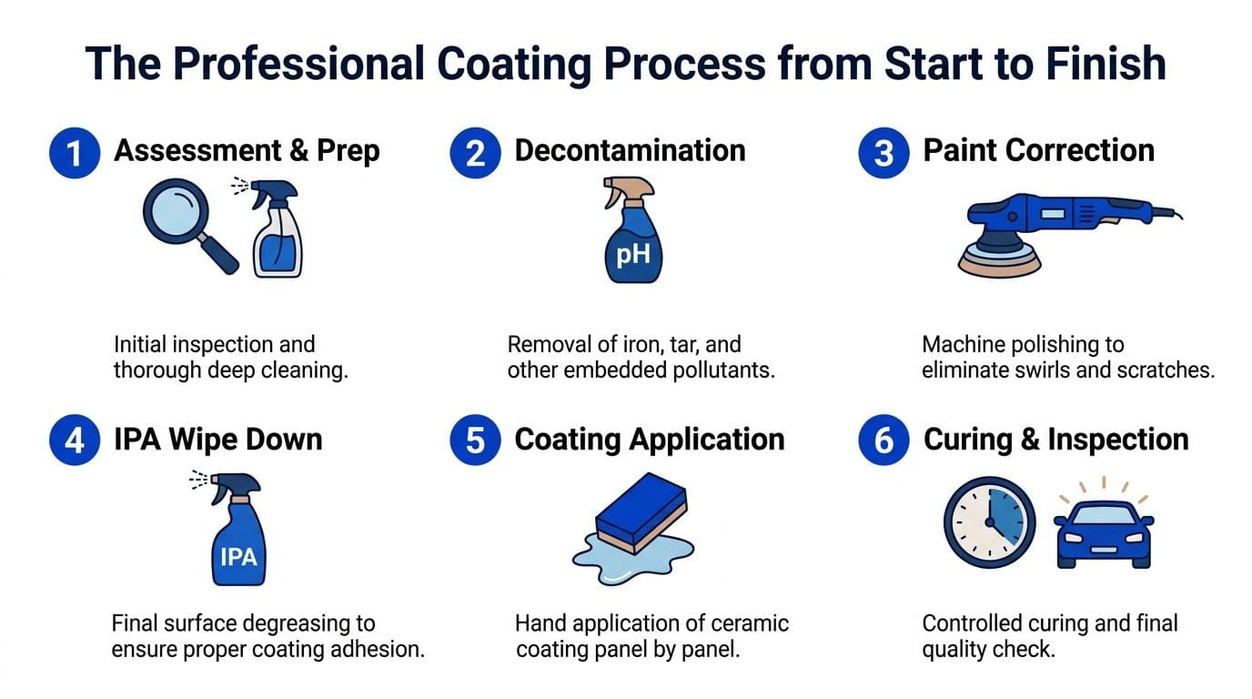 A six-step professional guide illustrating the process of applying a ceramic coating to a vehicle exterior.