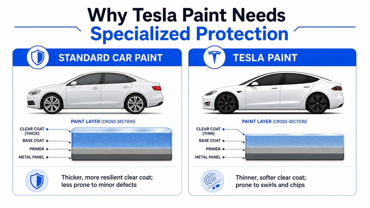A comparison infographic showing the difference in thickness between standard car paint and thinner Tesla paint layers.
