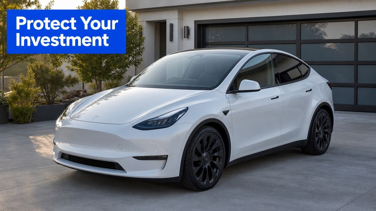 A clean white Tesla Model Y parked on a driveway in front of a modern house.