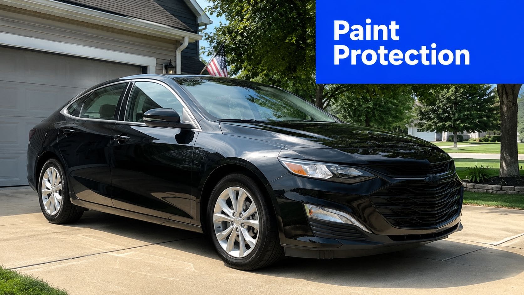 A sleek black sedan parked on a clean driveway, showcasing a high-gloss finish after paint protection.