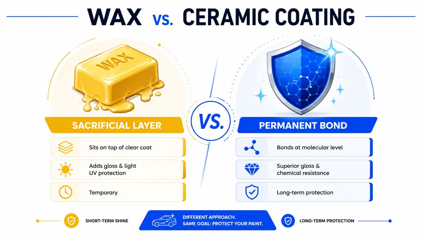 A comparison infographic showing the key differences between automotive car wax and ceramic coating paint protection.