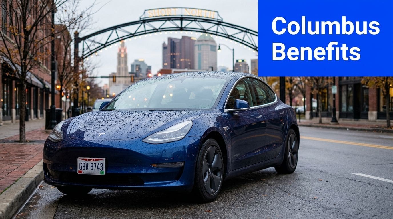 A blue Tesla Model 3 covered in raindrops parked under the iconic Short North arch in Columbus.