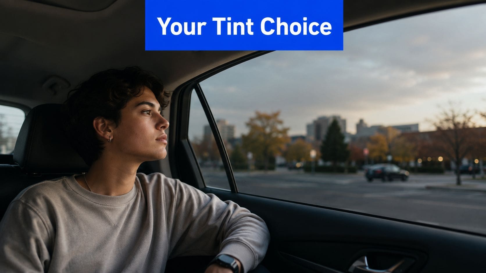 A young man sitting in the back seat of a car looking out the window at city buildings.