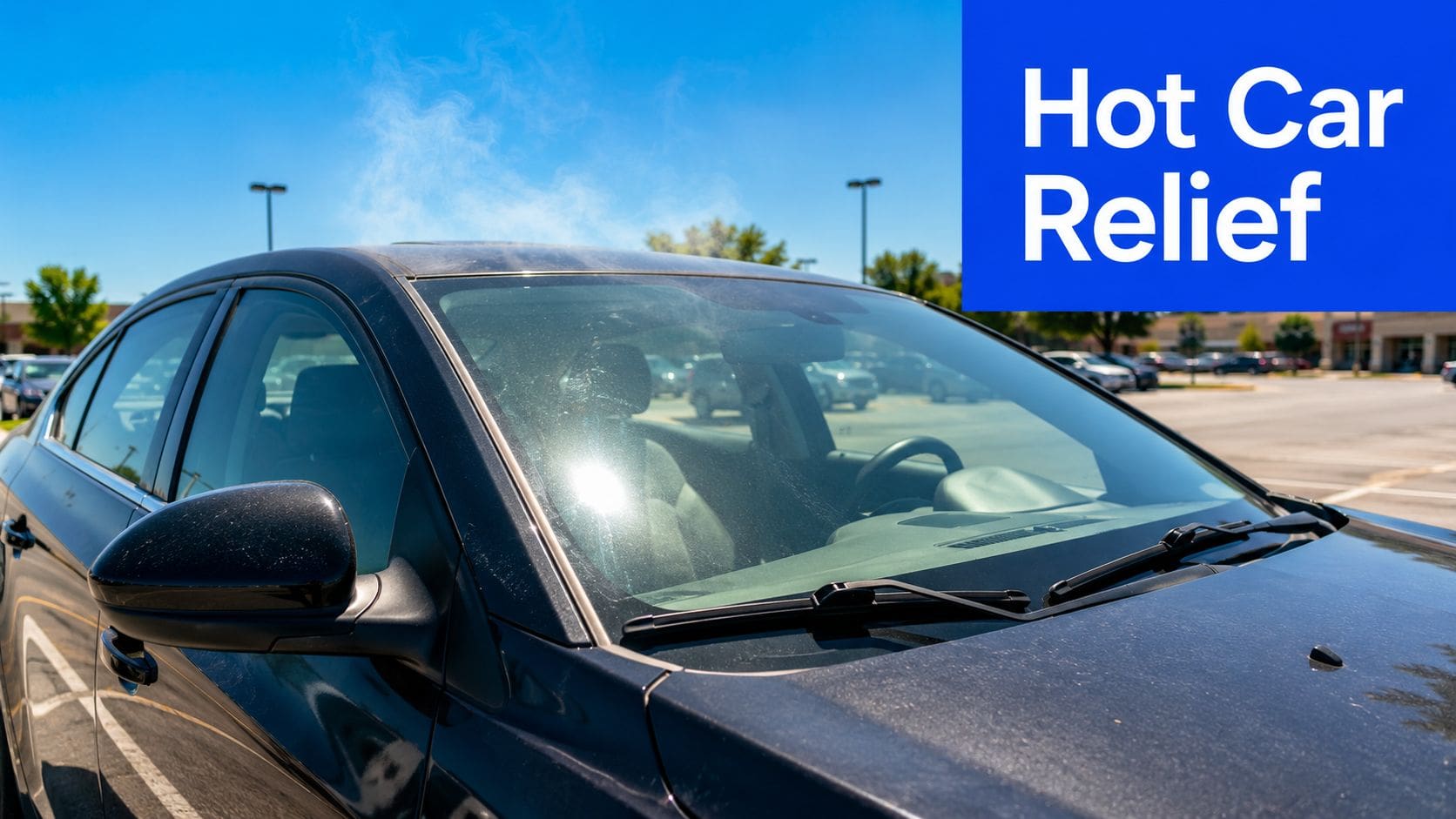 A black car parked in a sunny lot representing the need for hot car relief solutions.