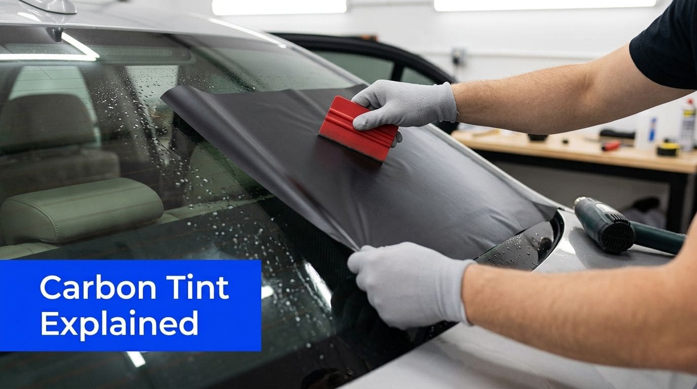 A professional technician applying dark carbon window tint film to a car windshield using a red squeegee.