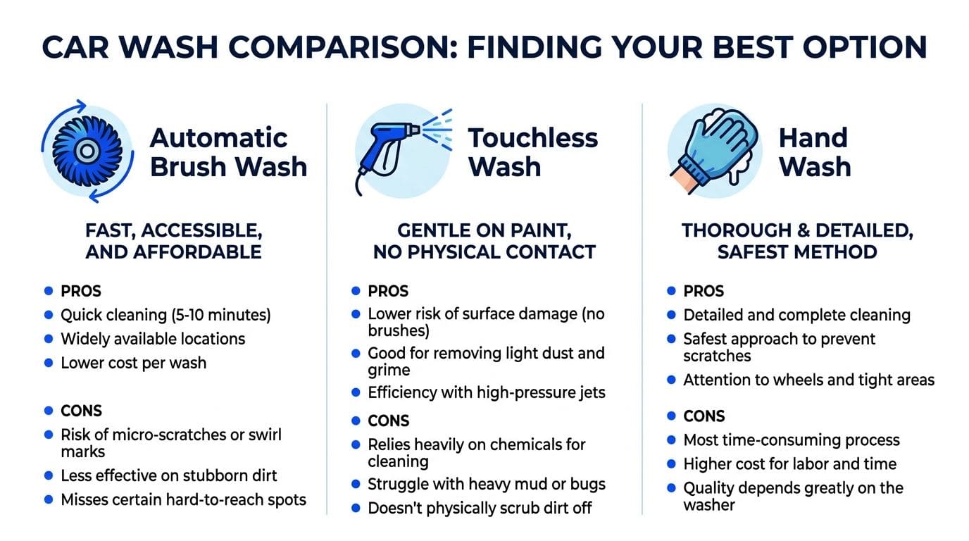 A comparison chart outlining the pros and cons of automatic brush, touchless, and hand car washes.