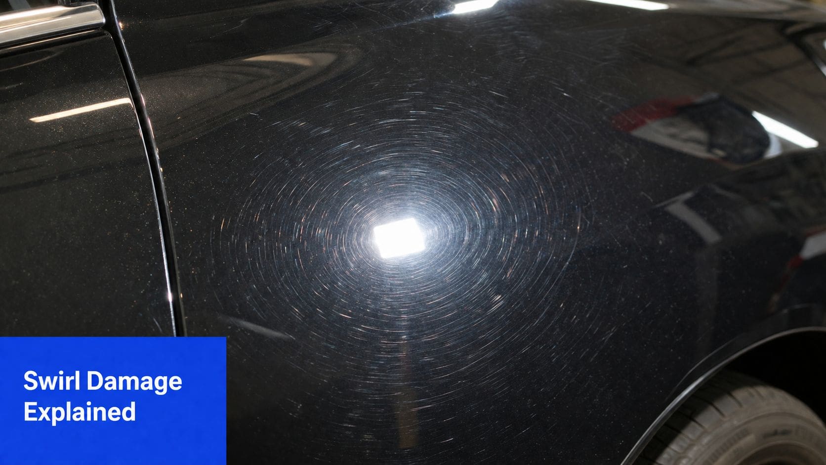 A close-up view of a black car panel showing circular swirl marks and light scratches.