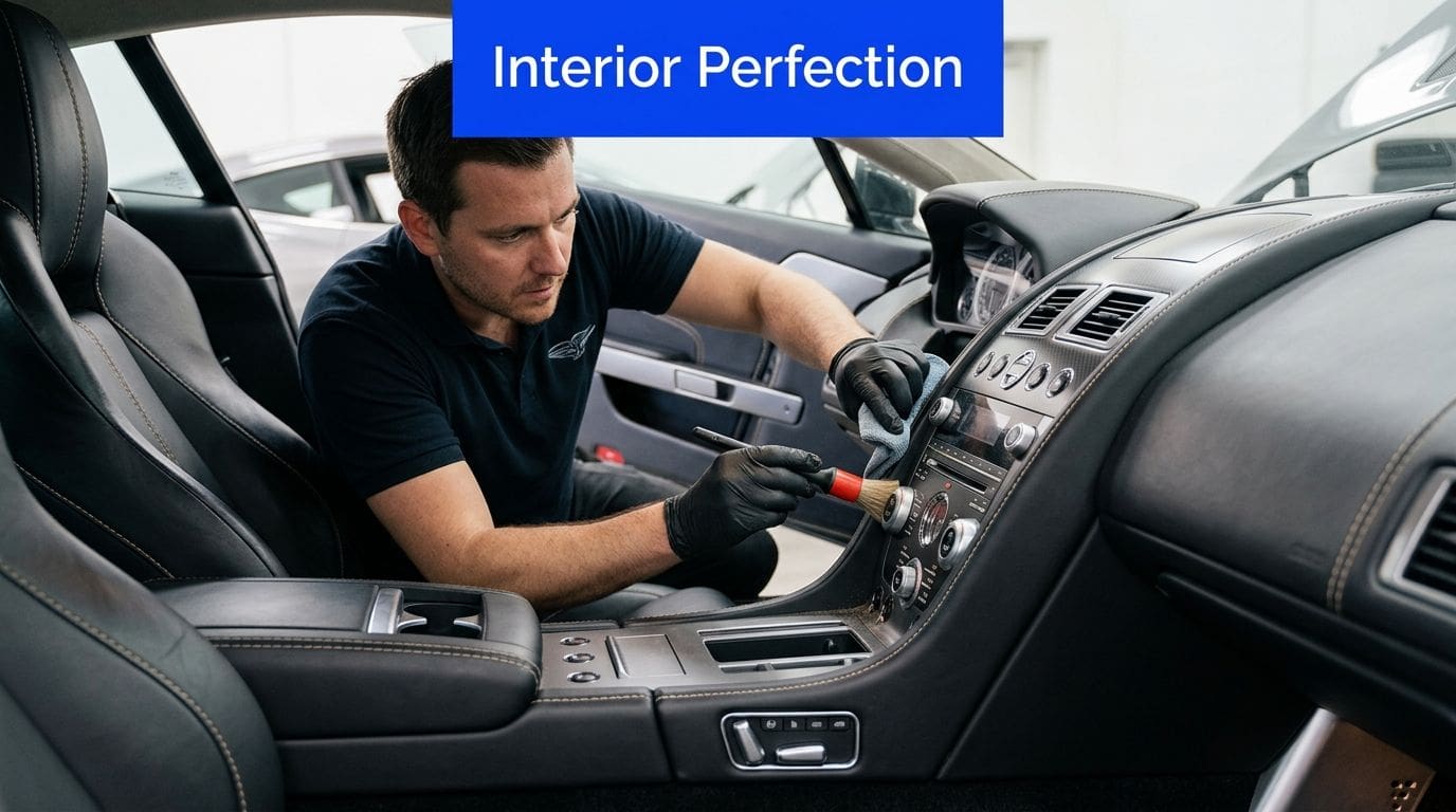 A professional car detailer wearing black gloves carefully cleans the interior dashboard of a luxury vehicle.