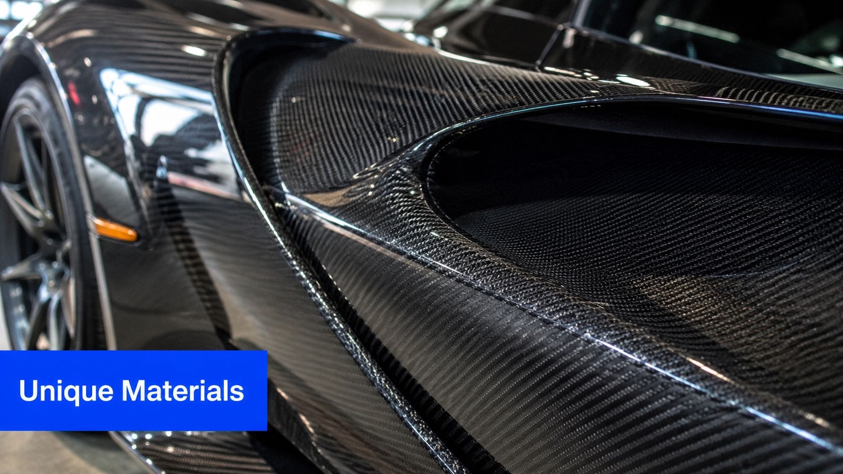 Close-up of the glossy, intricate carbon fiber body panels on a modern high-performance exotic sports car.