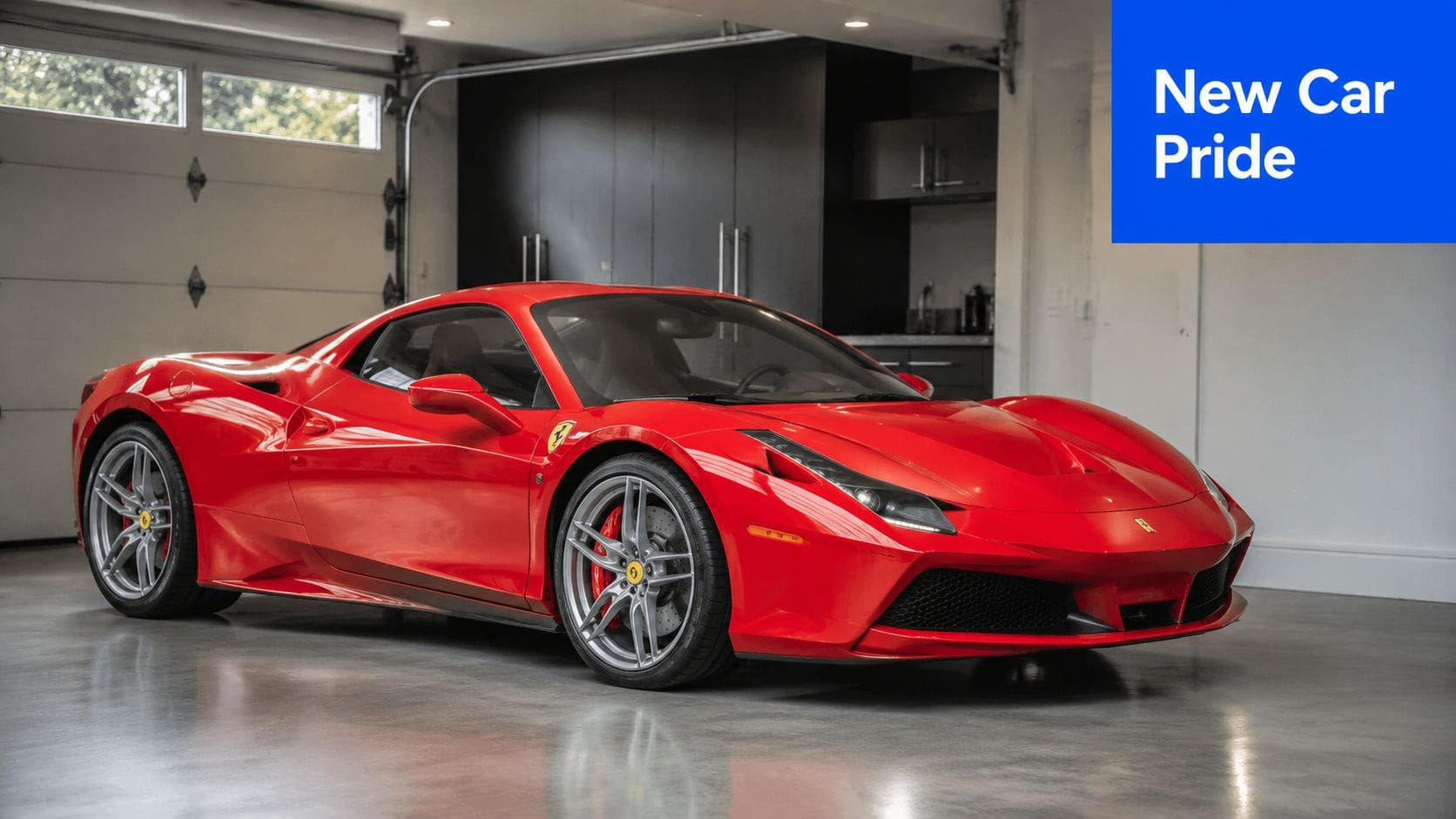 A glossy red Ferrari sports car parked inside a modern, clean garage after being professionally detailed.