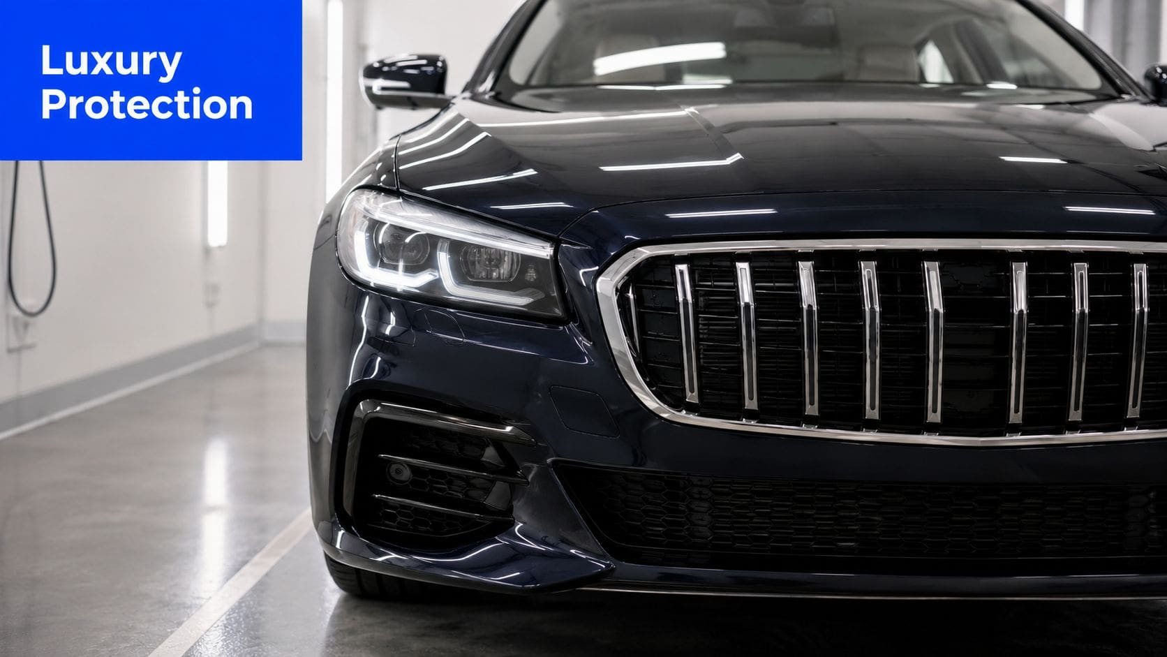 A close-up view of the front end of a luxury dark car with a glossy paint protection film.