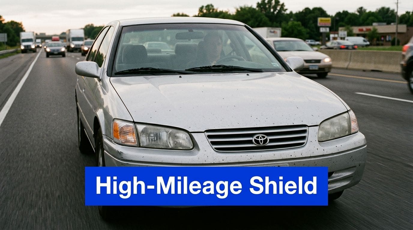 A silver Toyota sedan driving on a highway, symbolizing the application of a high-mileage paint protection film.