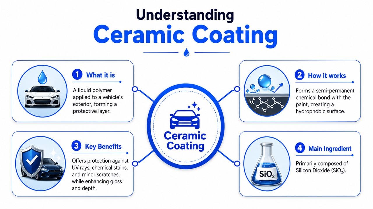 An infographic titled Understanding Ceramic Coating that explains its definition, application process, key benefits, and main chemical ingredient.