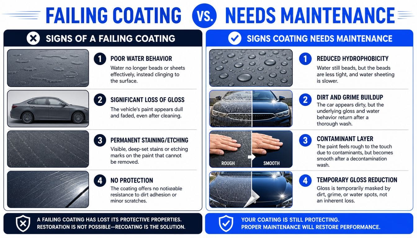 An infographic comparing the signs of a failing ceramic car coating versus one that needs maintenance.