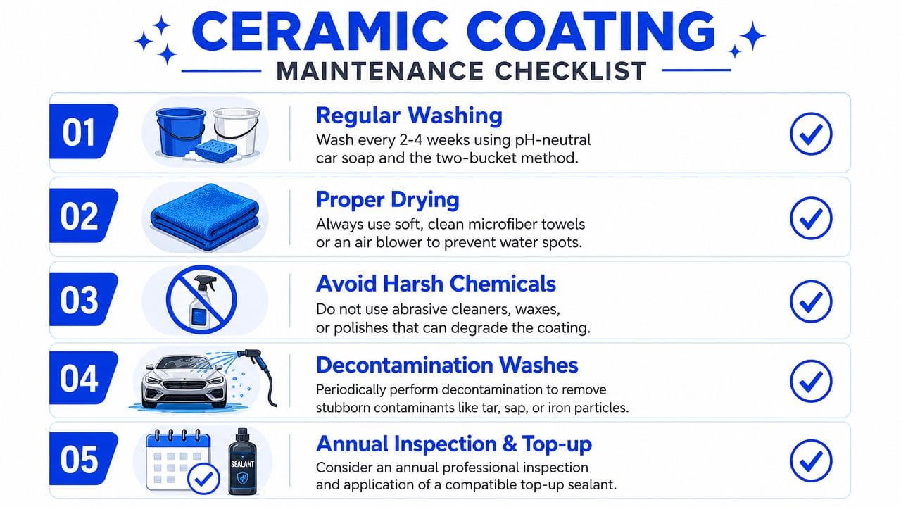 A checklist infographic illustrating five essential maintenance steps for preserving a vehicle ceramic coating.