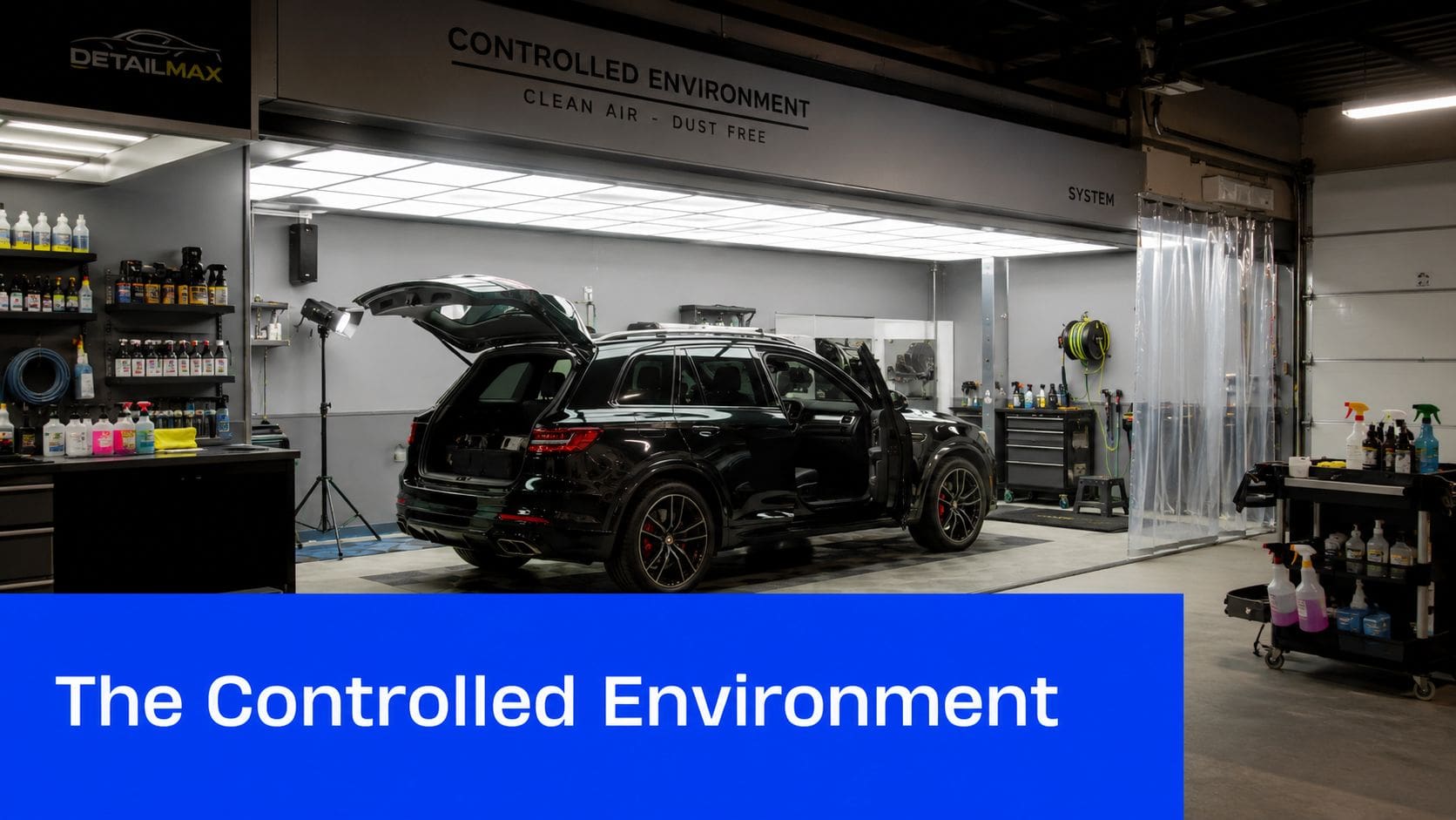 A professional car detailing studio featuring a black luxury SUV inside a dust-free controlled environment chamber.