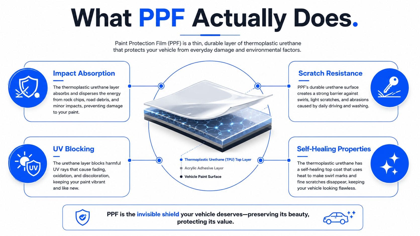 An infographic showing the protective benefits of paint protection film on vehicle surfaces, including self-healing and impact absorption.
