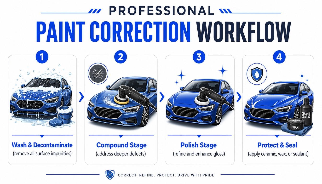 A professional four-step car paint correction workflow infographic showing washing, compounding, polishing, and protective sealing stages.