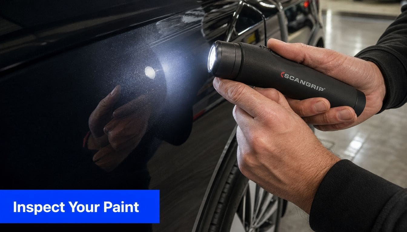 A professional technician using a Scangrip light to inspect swirl marks on a car's black paint.
