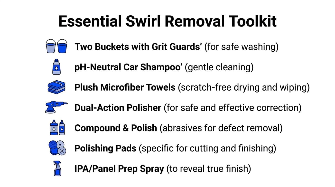 A list of essential tools for removing swirl marks from car paint, including cleaning supplies and polishers.