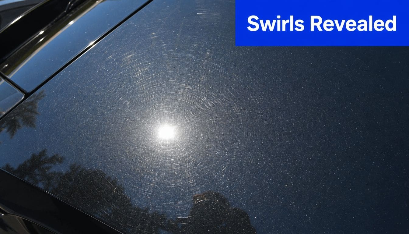 A close up view of a black car hood showing circular swirl marks caused by improper washing.