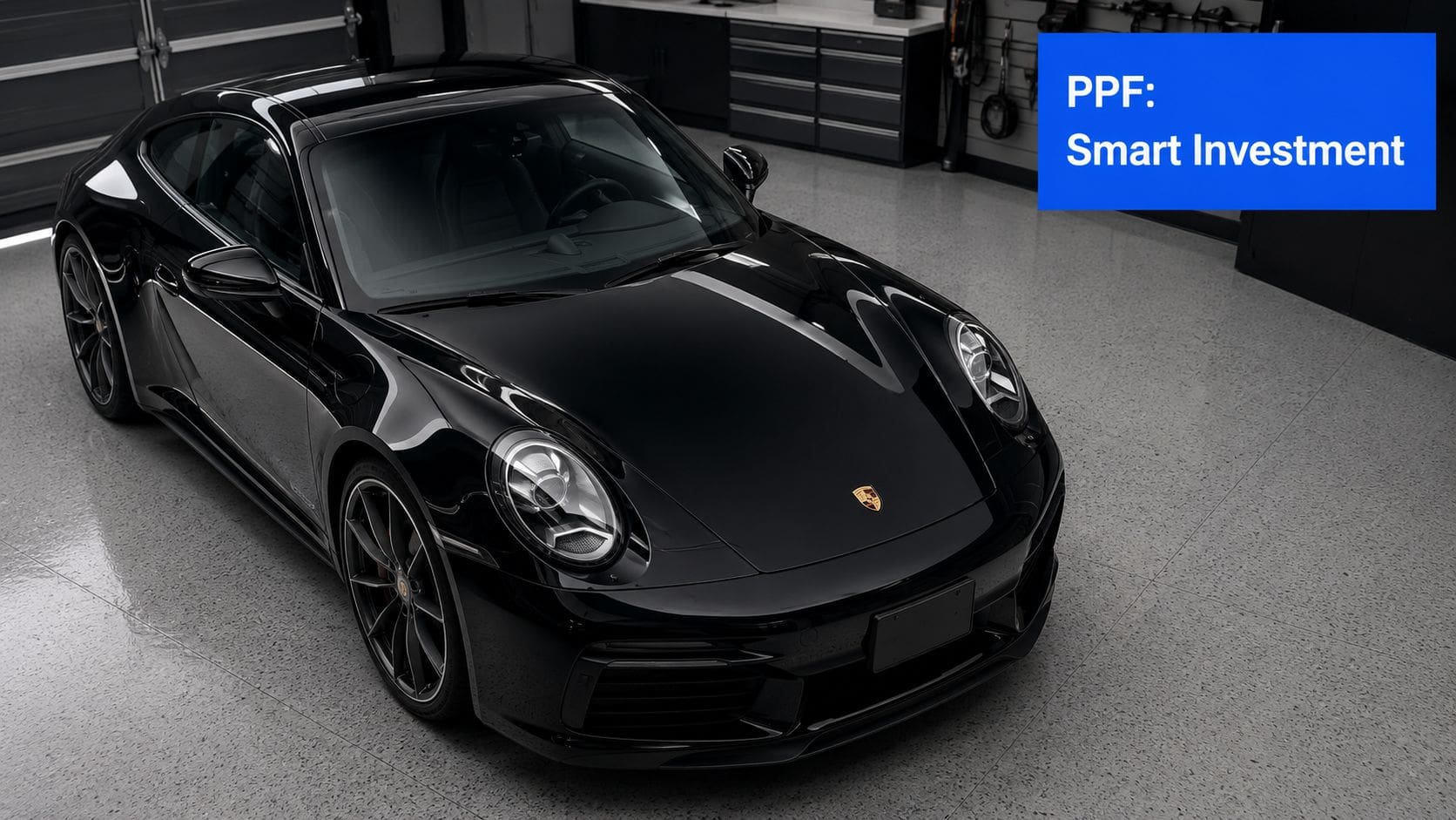 A glossy black Porsche sports car parked inside a clean professional garage featuring paint protection film.