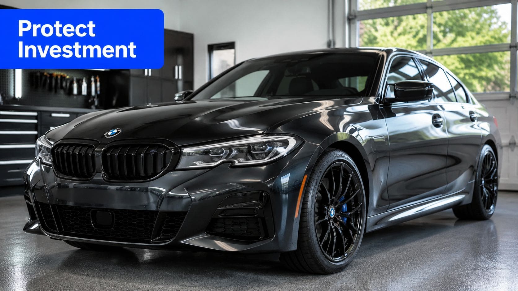 A sleek black BMW parked in a professional garage, showcasing a high-gloss finish after paint protection treatment.