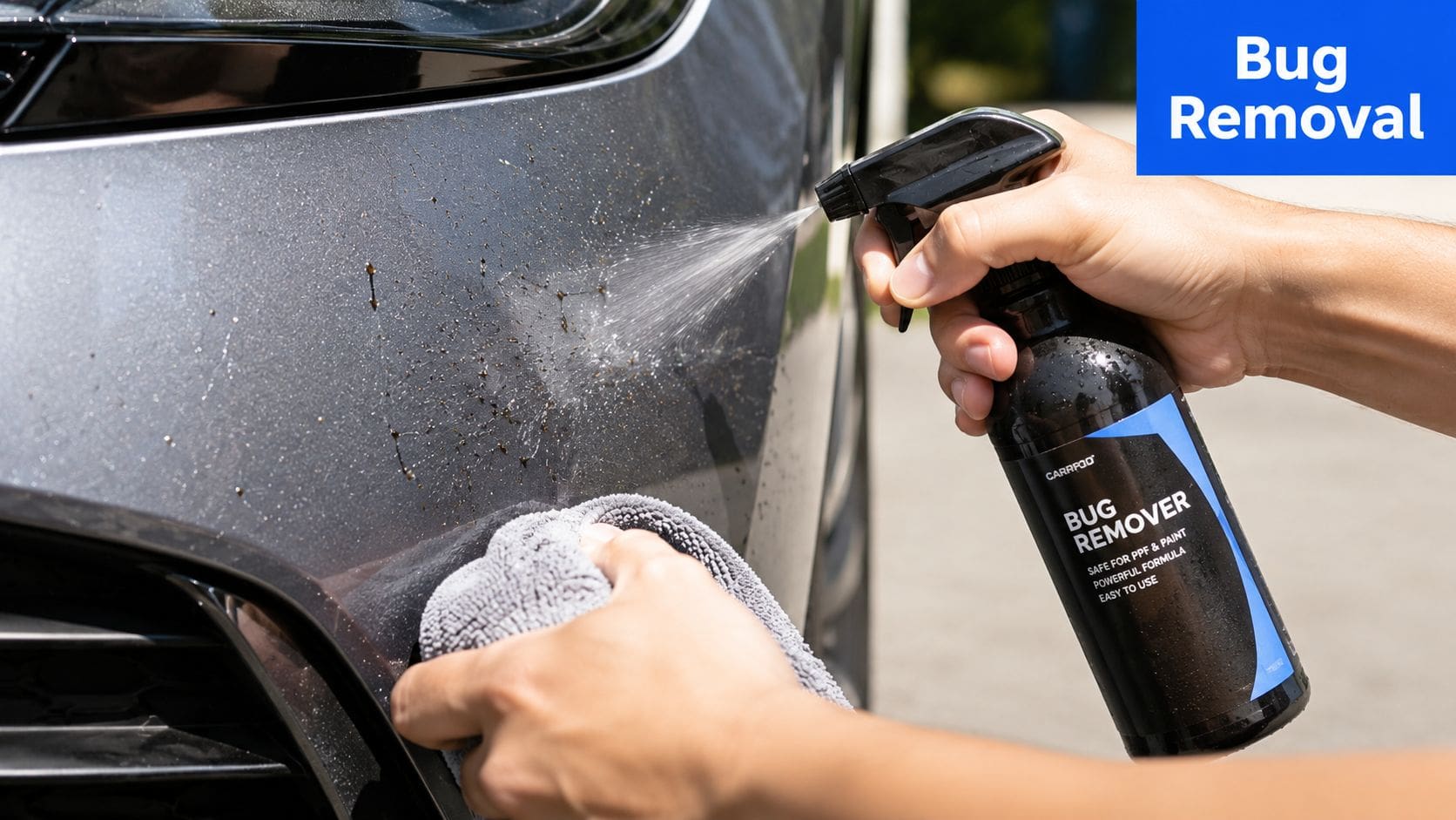 A person using a specialized bug remover spray and a cloth to clean debris from a car exterior.