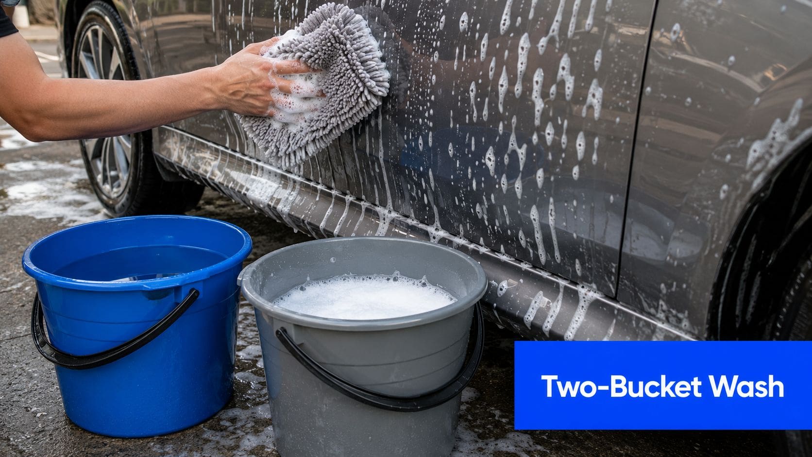 A person washing a grey car with a microfiber mitt using the two-bucket wash method technique.
