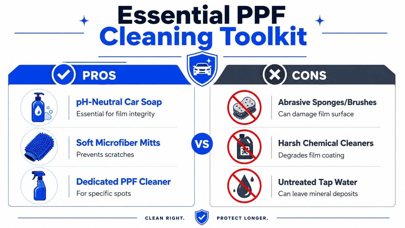 An infographic showing recommended tools for cleaning paint protection film, including pros like soap and cons like abrasive sponges.